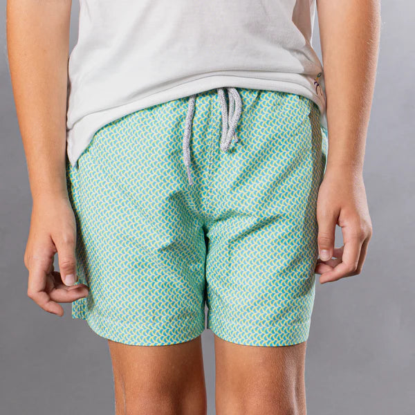 Boys Wave Print Swim Trunks - Aqua/Yellow