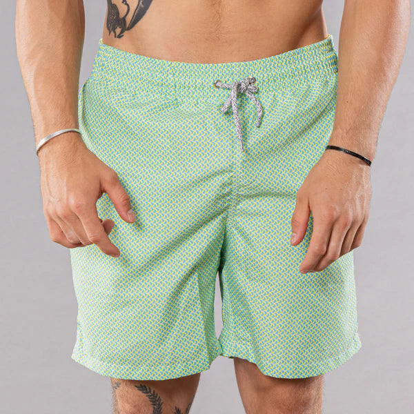 Wave Print Cyclist Swim Trunk - Aqua / Yellow